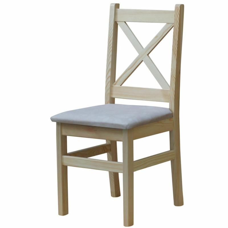 Grenenhouten stoel, blanke lak, bekleding: beige kunstleer