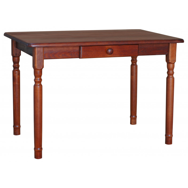 Grenenhouten eettafel met lade, calvadoskleur, gedraaide poten