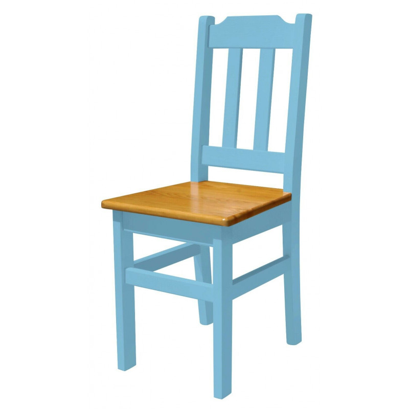 Grenenhouten stoel met blauw frame, zitting: elzenkleur