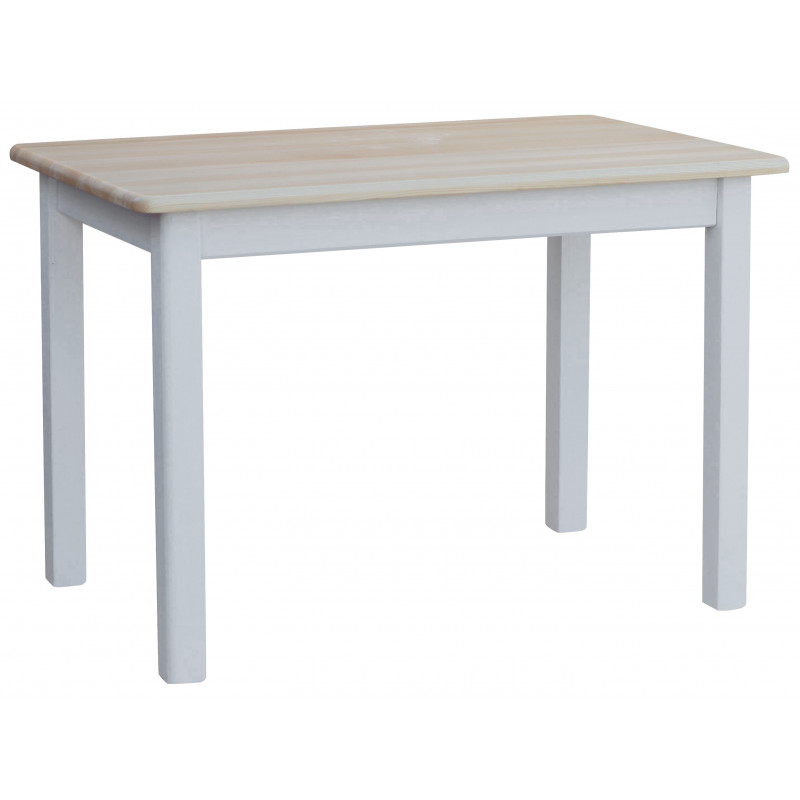 Grenenhouten eettafel, witte vierkante poten, blad: blanke lak