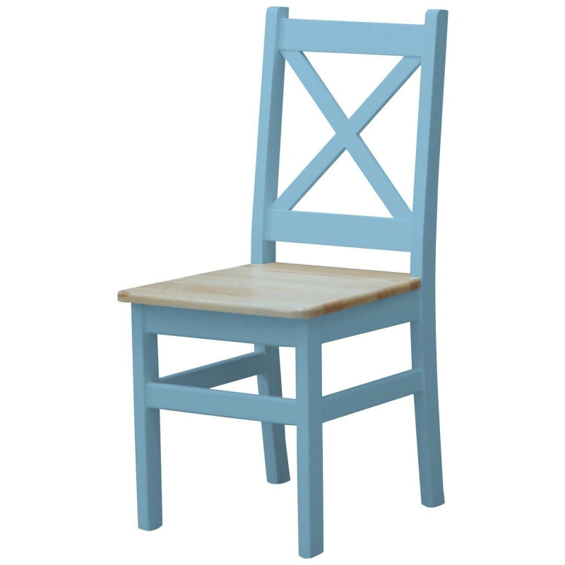 Grenenhouten stoel met blauw frame, zitting: blanke lak