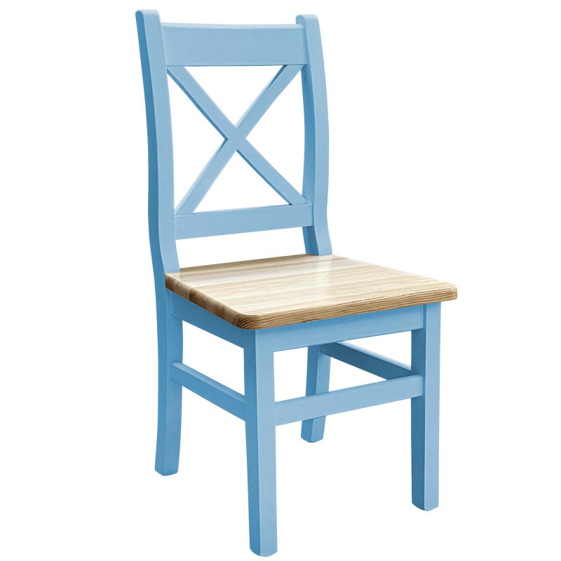 Grenenhouten stoel met blauw frame, zitting: blanke lak
