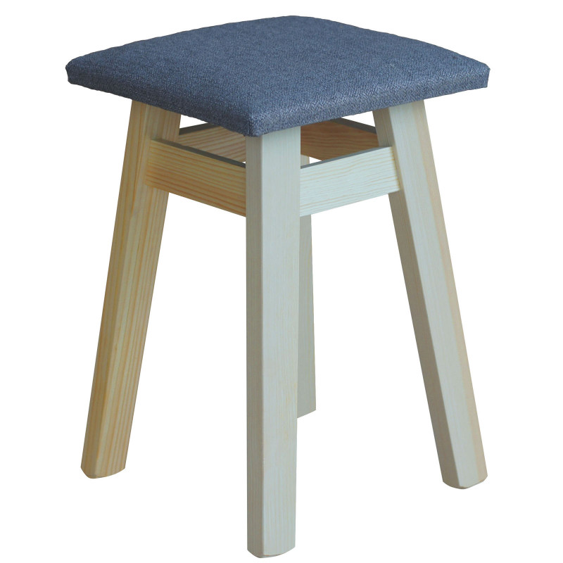 Grenenhouten kruk, blanke lak, bekleding: lichtgrijs