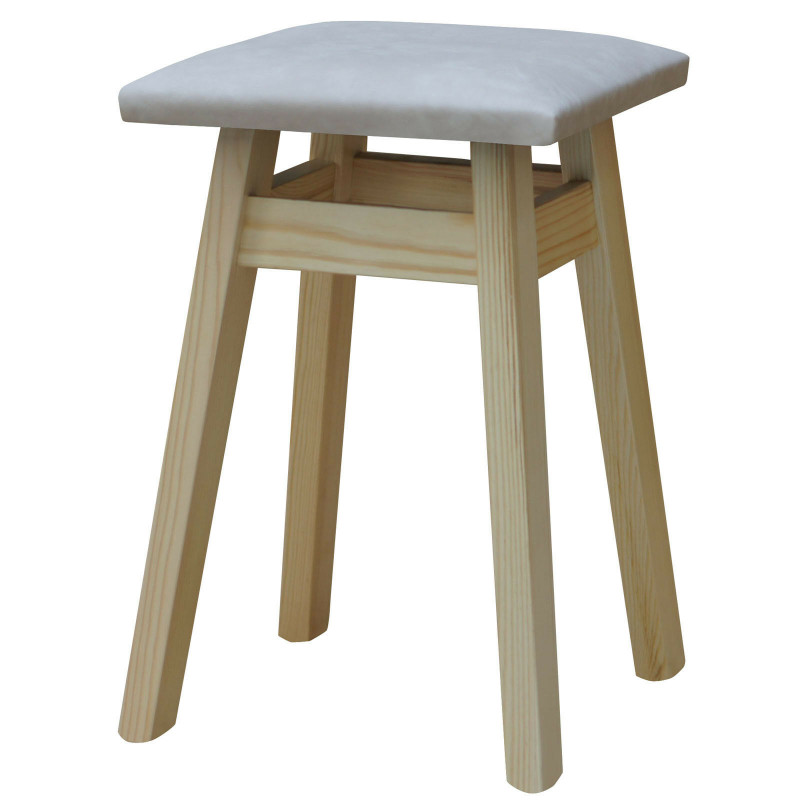 Grenenhouten kruk, blanke lak, bekleding: beige kunstleer