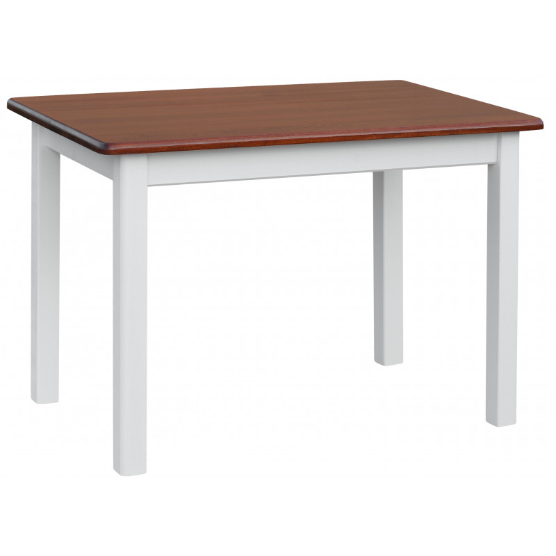 Grenenhouten eettafel, witte vierkante poten, blad: calvadoskleur