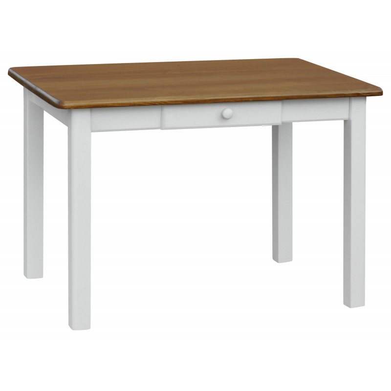 Grenenhouten eettafel met lade, witte vierkante poten, blad: eikenkleur