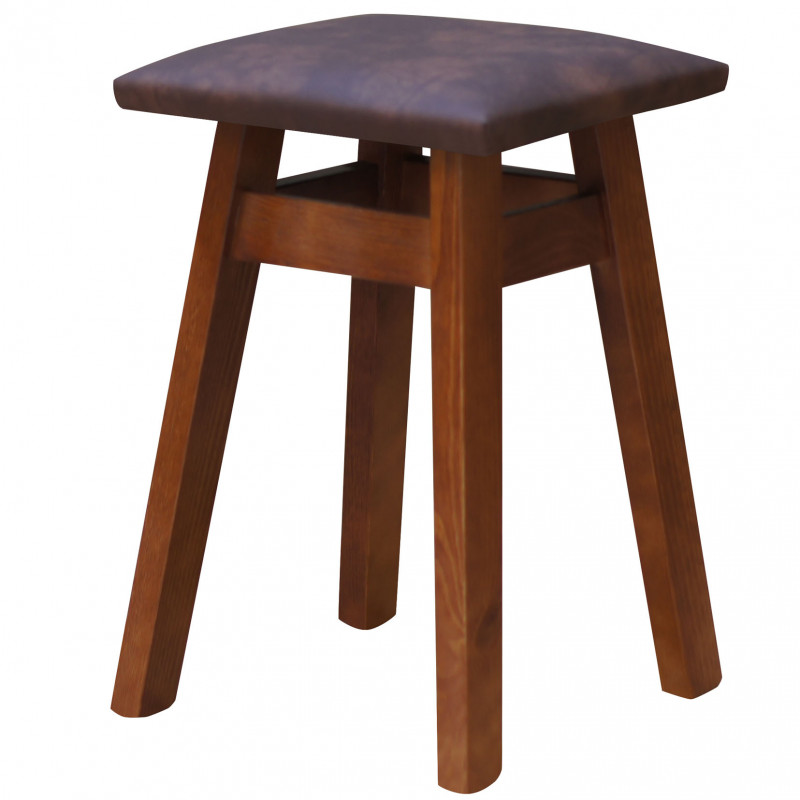 Grenenhouten kruk, calvadoskleur, bekleding: bruin kunstleer