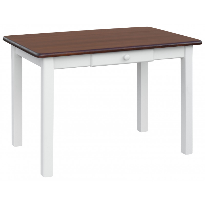 Grenenhouten eettafel met lade, witte vierkante poten, blad: walnootkleur