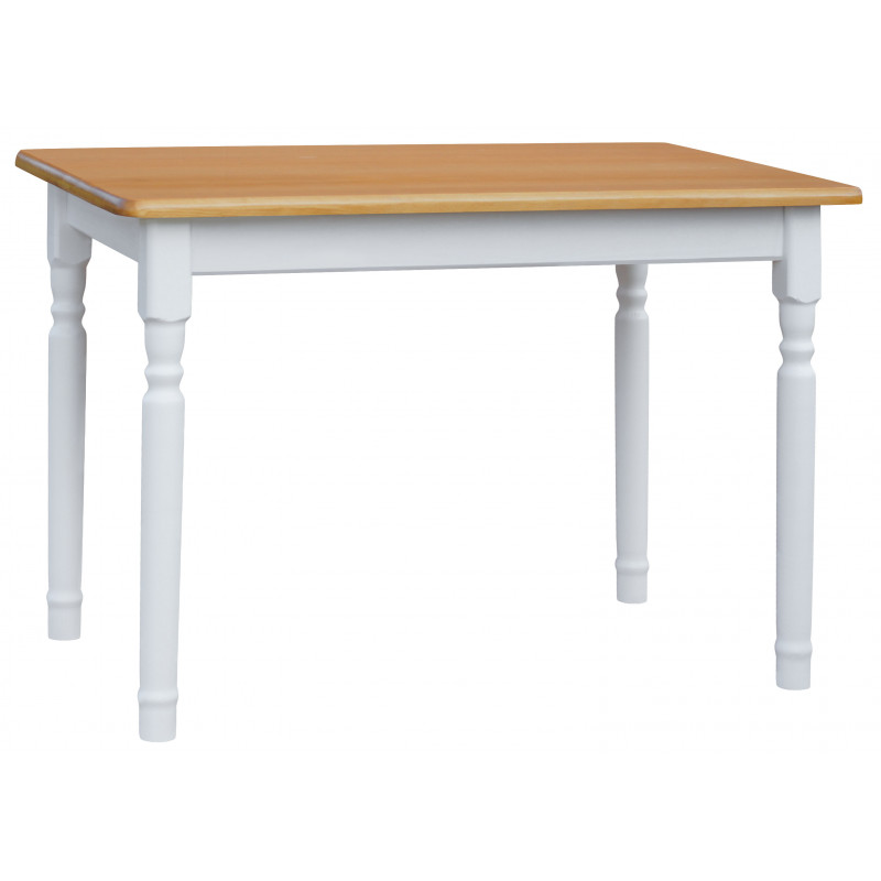 Grenenhouten eettafel, witte gedraaide poten, blad: elzenkleur