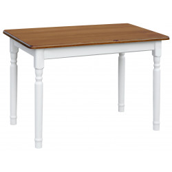 Grenenhouten eettafel met witte gedraaide poten en eikenkleurig blad