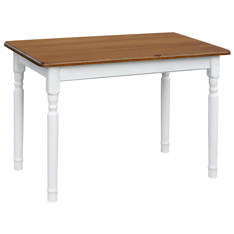 Tavolo da pranzo in pino con gambe tornite bianche e piano color rovere