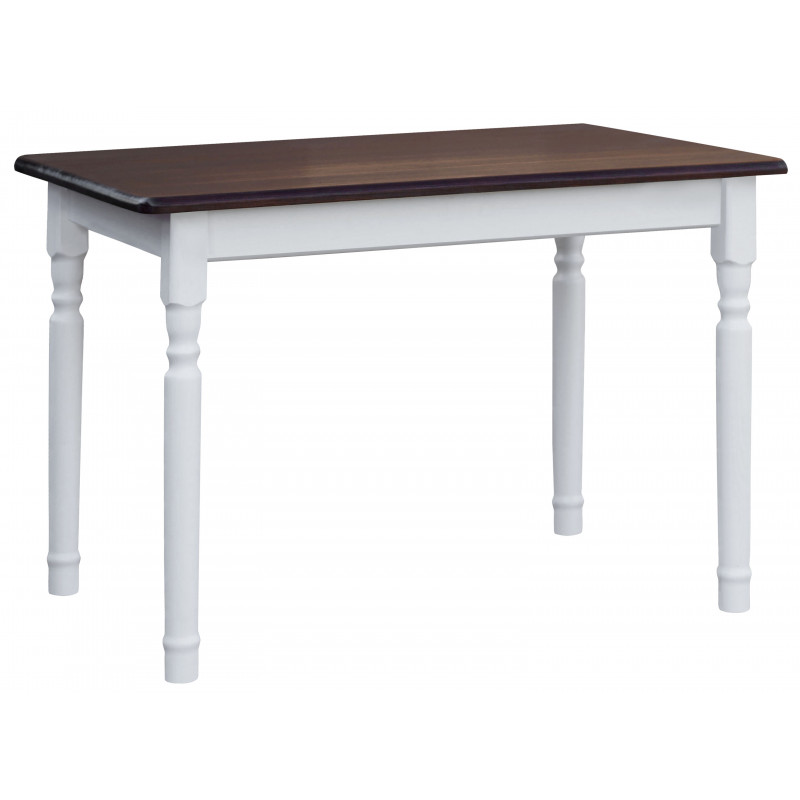 Tavolo da pranzo in pino, gambe tornite bianche, piano: colore noce