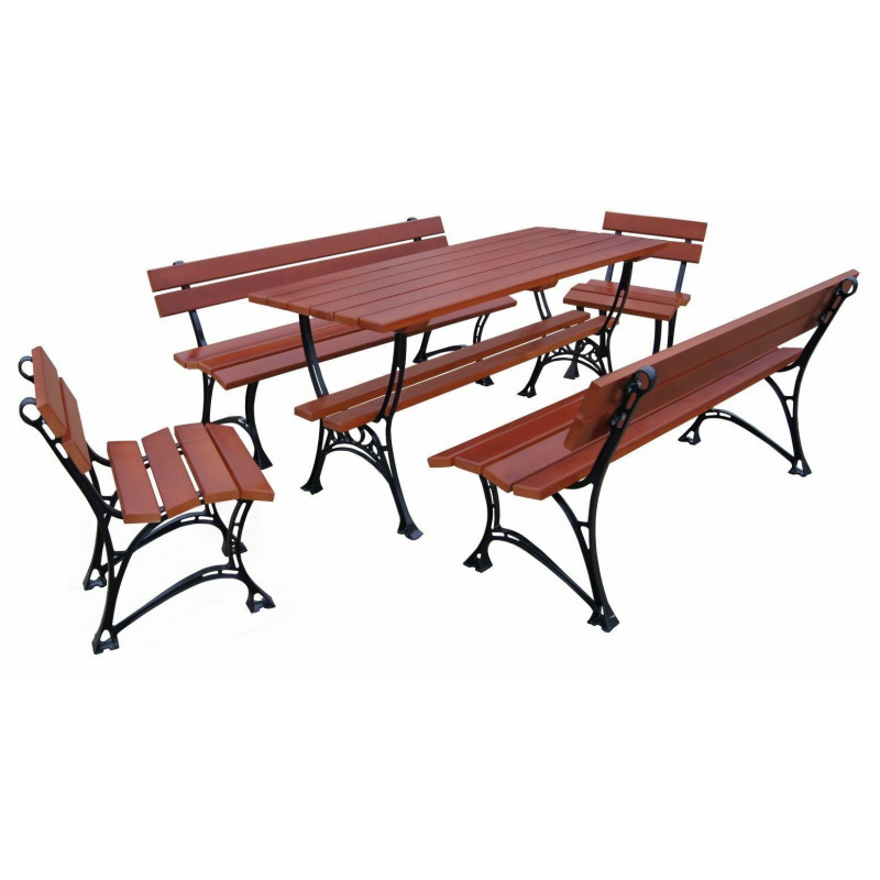 Tuinset: tafel, 2 banken en 2 stoelen, grenenhout en aluminium