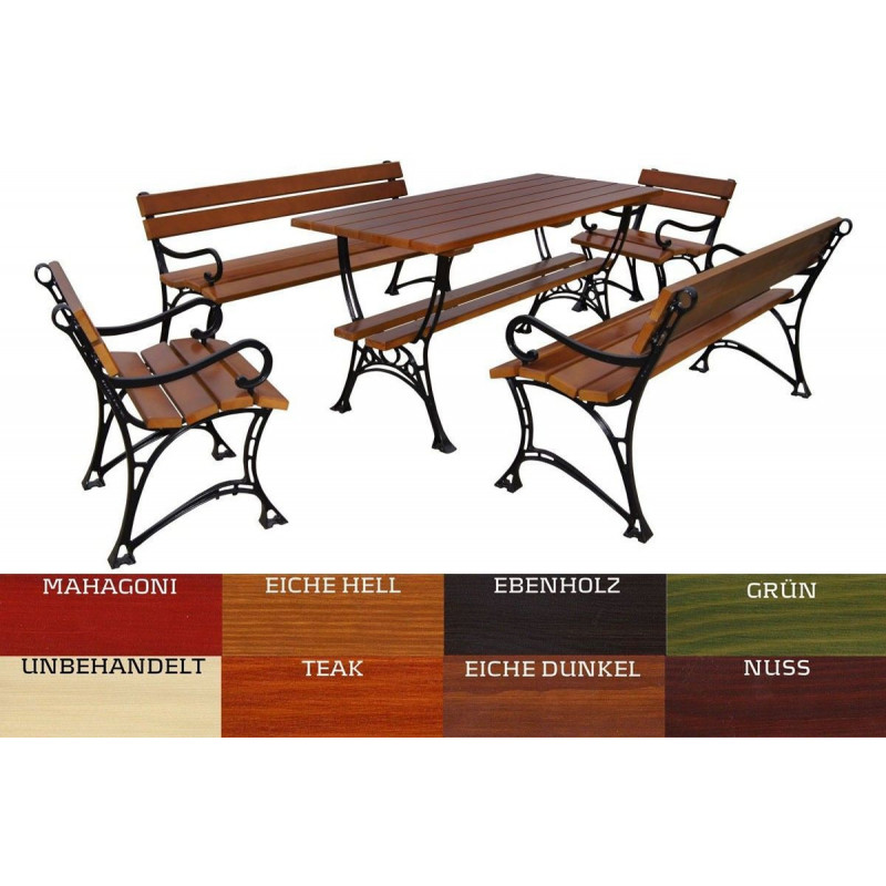 Tuinset: tafel, 2 banken en 2 stoelen met armleuningen, grenenhout en aluminium