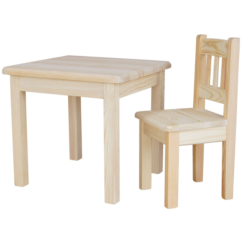 Set per bambini: tavolo e 1 sedia, pino verniciato