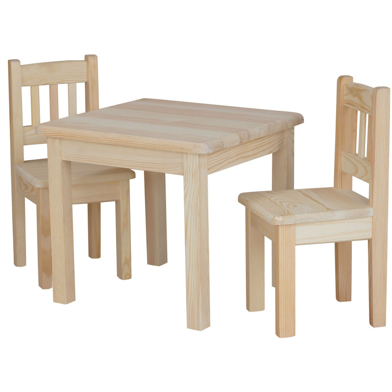 Set per bambini: tavolo e 2 sedie, pino verniciato