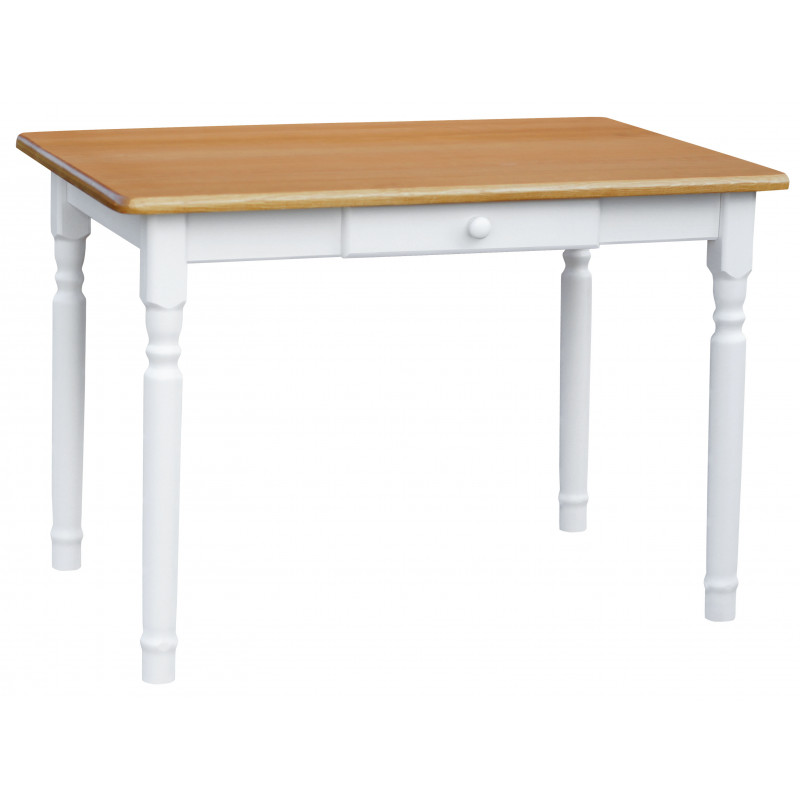 Tavolo da pranzo in pino con cassetto, gambe tornite bianche, piano: colore ontano
