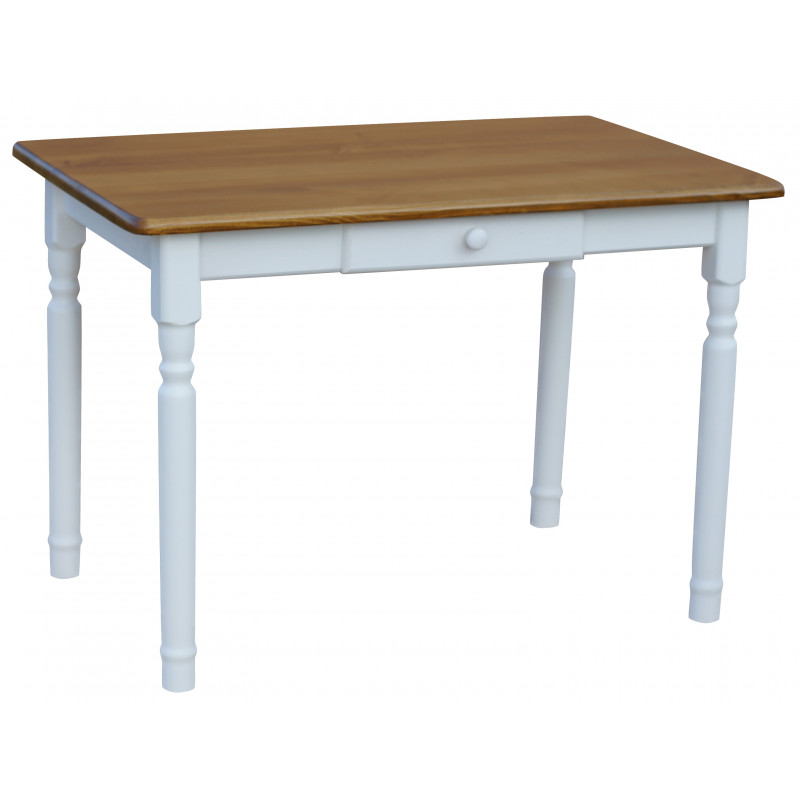 Tavolo da pranzo in pino con cassetto, gambe tornite bianche, piano: colore rovere