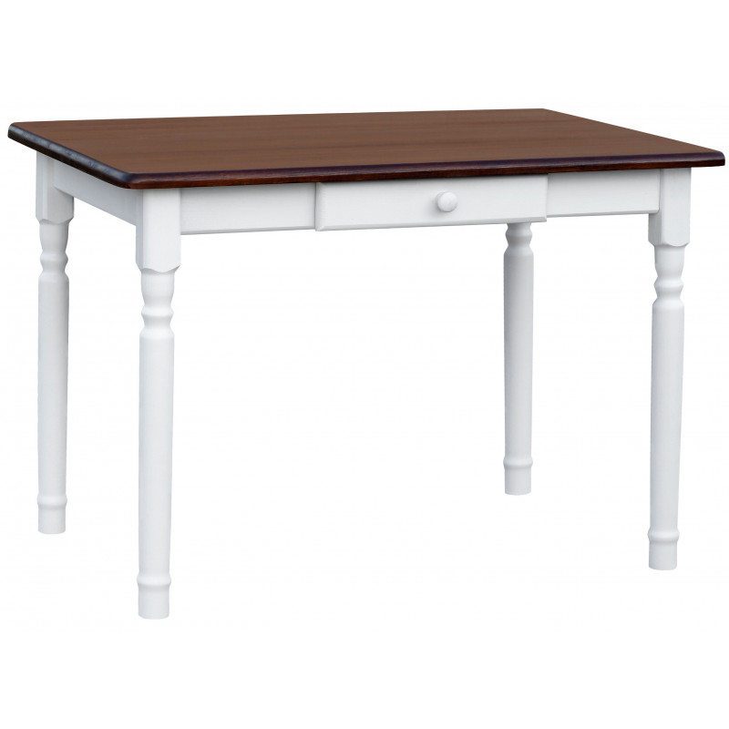 Tavolo da pranzo in pino con cassetto, gambe tornite bianche, piano: colore noce
