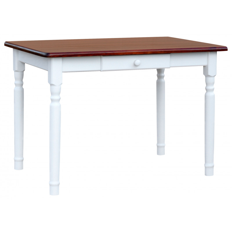 Tavolo da pranzo in pino con cassetto, gambe tornite bianche, piano: colore calvados