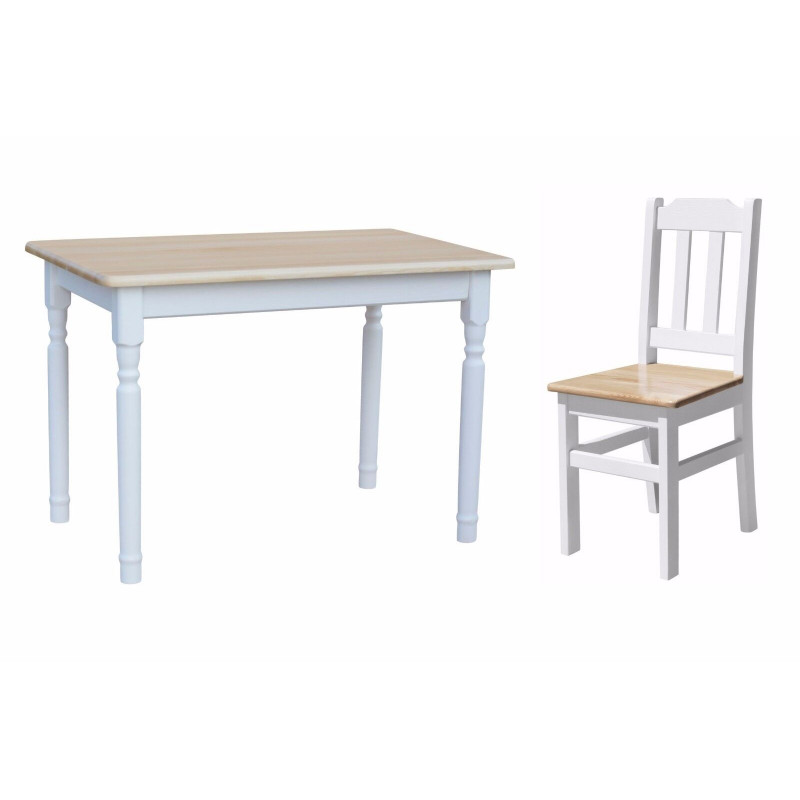 Set da pranzo in pino: 120 × 70 cm tavolo, 4 sedie, vernice trasparente
