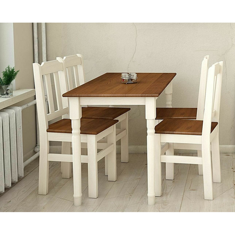 Essgruppe Weiß Kiefer Holz 120 cm x 70 cm Tisch und 4 Stühle Nuss