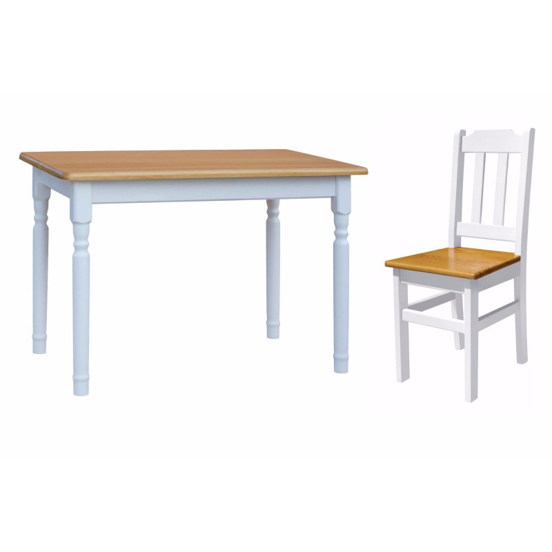 Grenenhouten eethoek: 120 × 70 cm tafel, 4 stoelen, elzenkleur