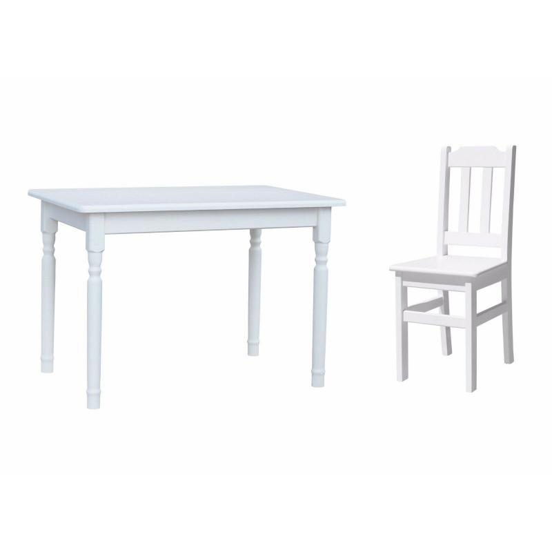 Grenenhouten eethoek: 120 × 70 cm tafel, 4 stoelen, matwit