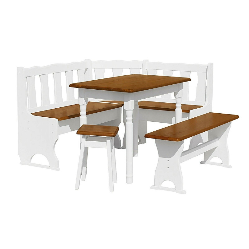 Grenenhouten eethoek: 100 × 60 cm tafel, hoekbank, bank, kruk