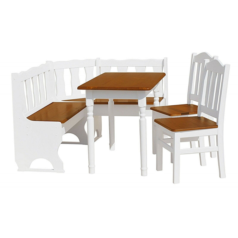 Grenenhouten eethoek: 120 × 70 cm tafel, hoekbank, 2 stoelen
