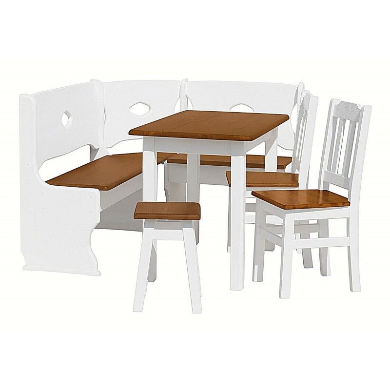 Set da pranzo in pino: 110 × 60 cm tavolo, panca angolare, 2 sedie, sgabello