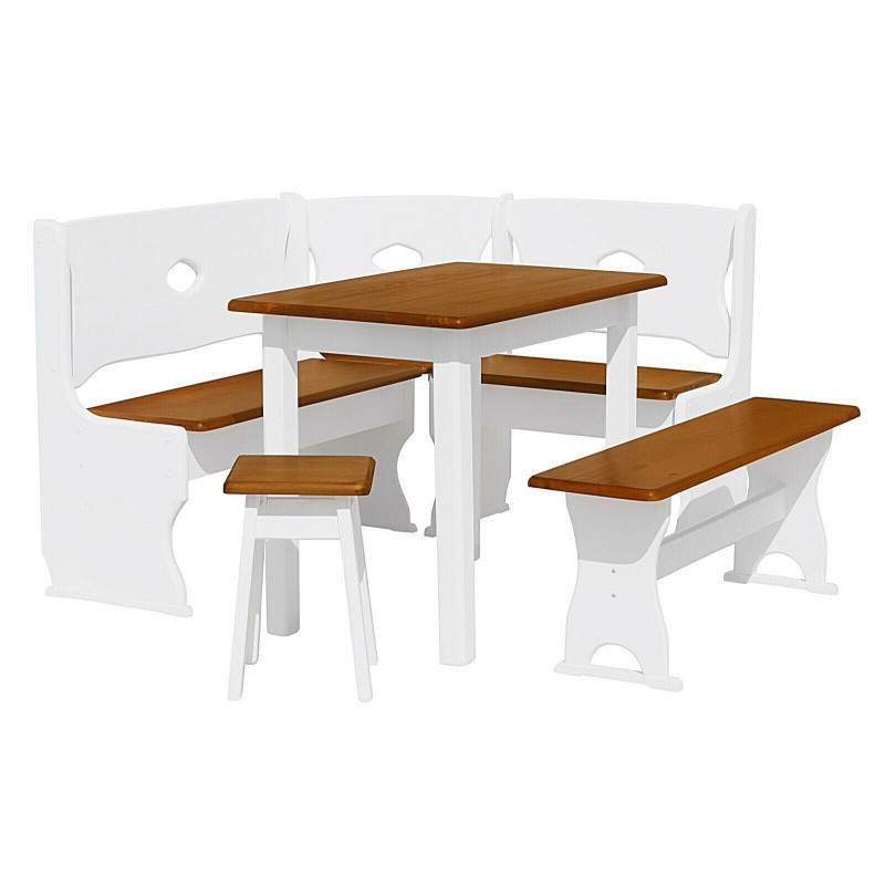Grenenhouten eethoek: 100 × 60 cm tafel, hoekbank, bank, kruk