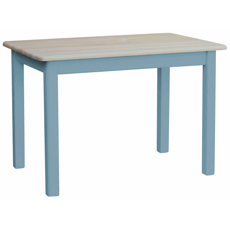 Grenenhouten eettafel, blauwe poten, blad: blanke lak