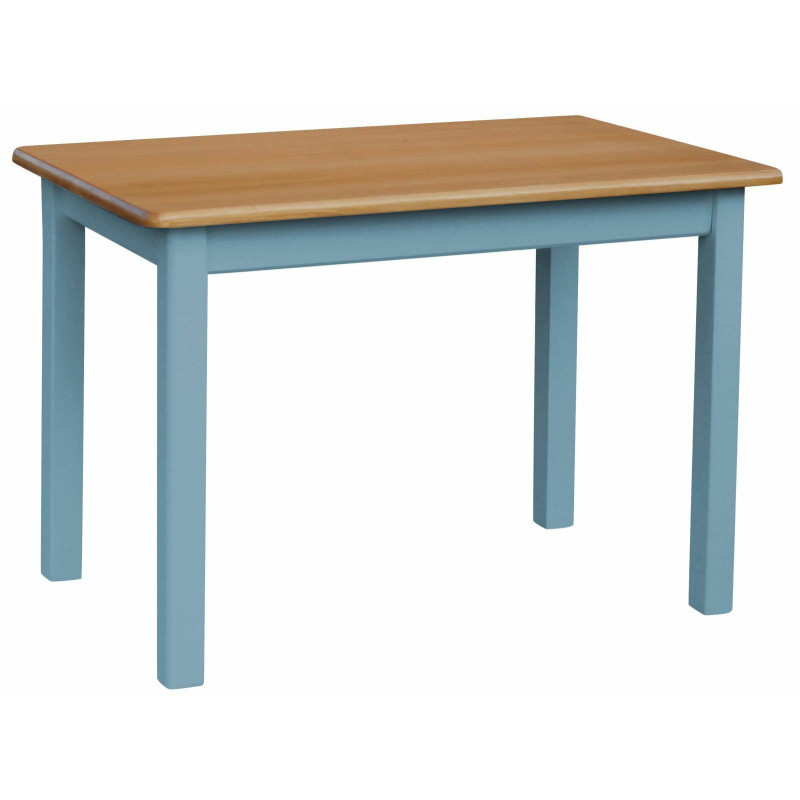 Tavolo da pranzo in pino, gambe blu, piano: colore ontano