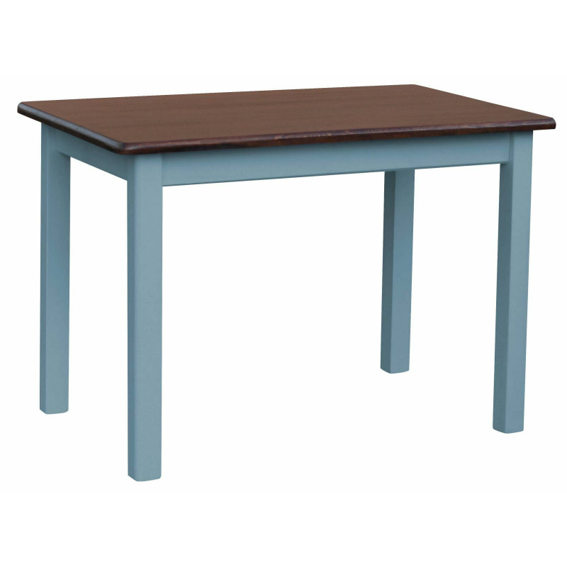 Tavolo da pranzo in pino, gambe blu, piano: colore noce