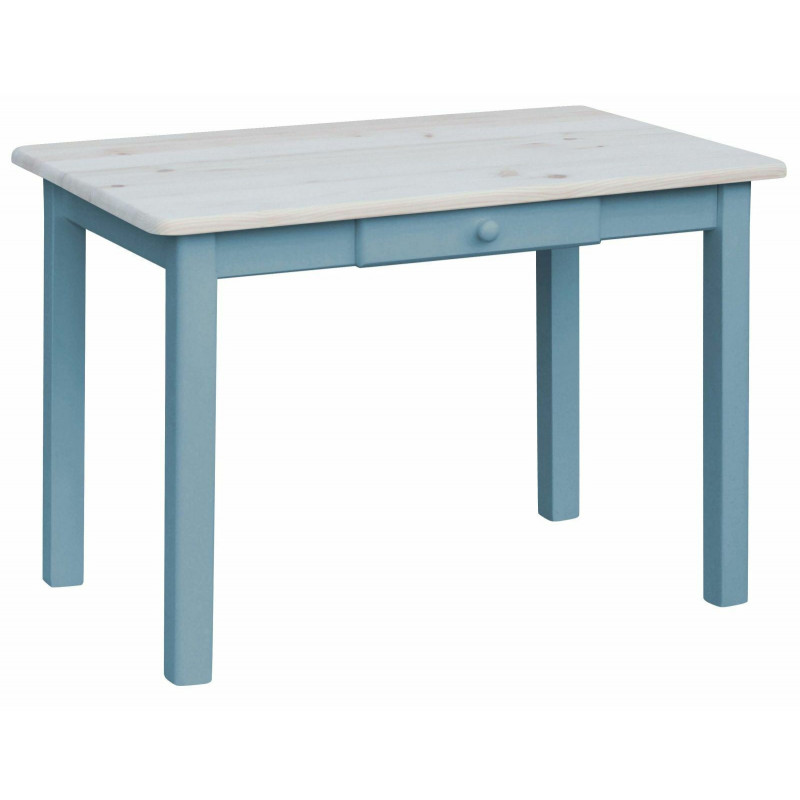 Tavolo da pranzo in pino con cassetto, gambe blu, piano: grezzo