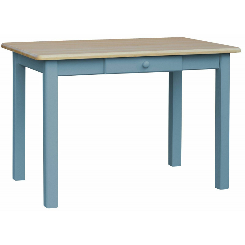 Grenenhouten eettafel met lade, blauwe poten, blad: blanke lak