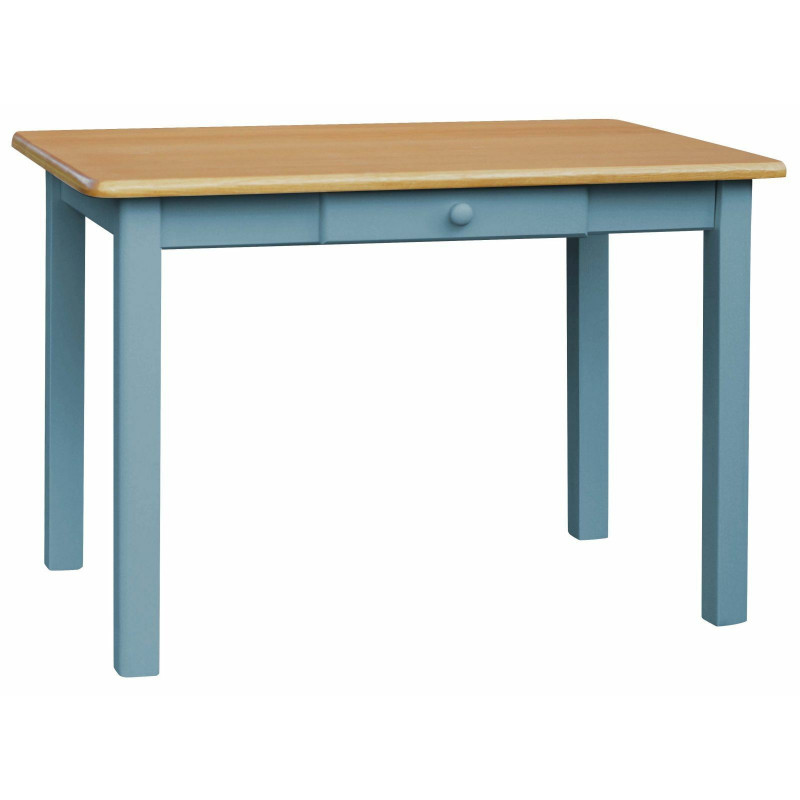 Tavolo da pranzo in pino con cassetto, gambe blu, piano: colore ontano
