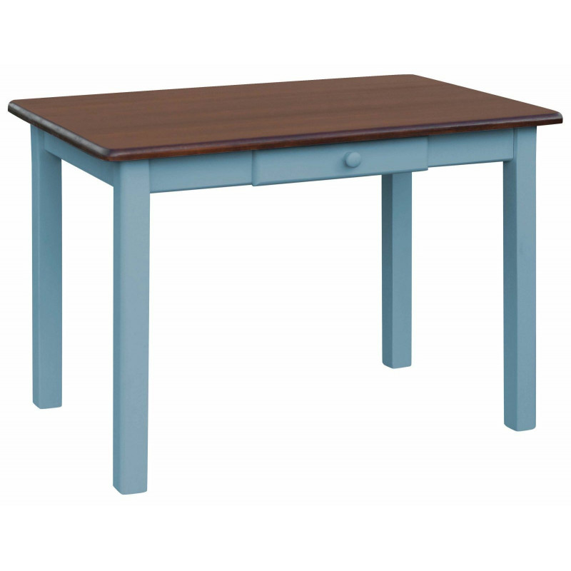 Grenenhouten eettafel met lade, blauwe poten, blad: walnootkleur