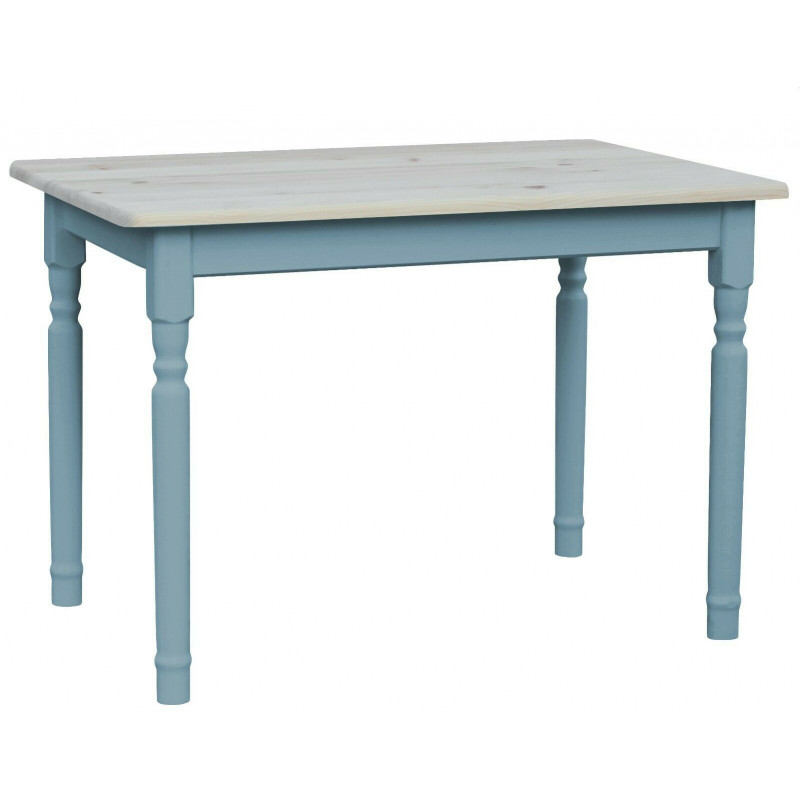 Tavolo da pranzo in pino, gambe tornite blu, piano: grezzo