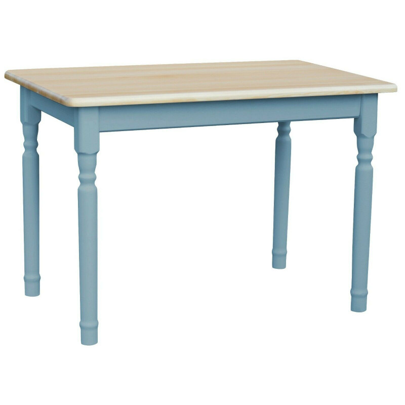 Grenenhouten eettafel, blauwe gedraaide poten, blad: blanke lak