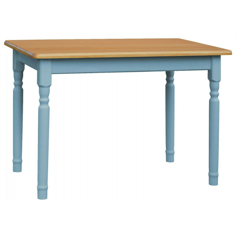 Tavolo da pranzo in pino, gambe tornite blu, piano: colore ontano
