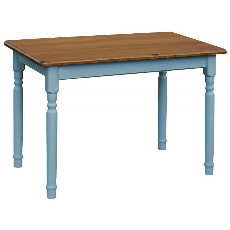 Tavolo da pranzo in pino, gambe tornite blu, piano: colore rovere
