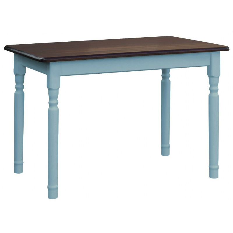 Grenenhouten eettafel, blauwe gedraaide poten, blad: walnootkleur