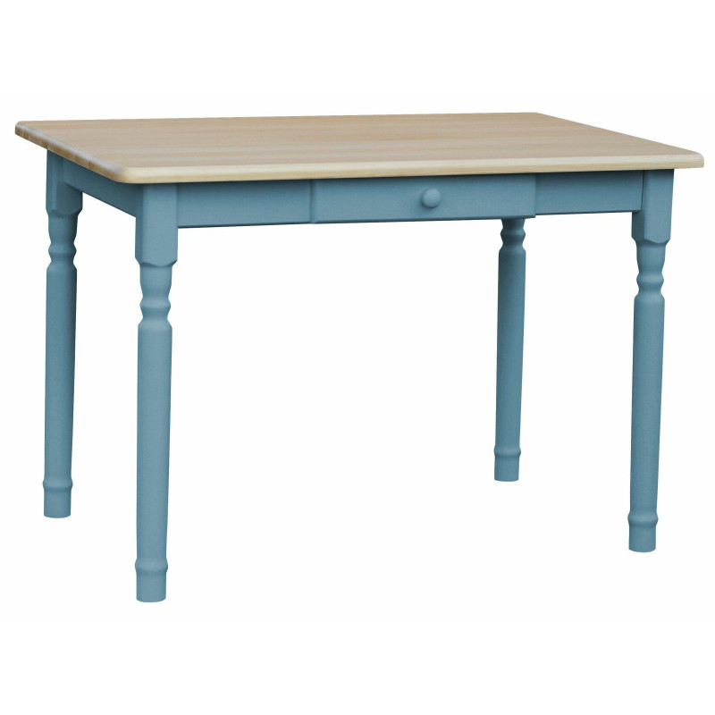 Grenenhouten eettafel met lade, blauwe gedraaide poten, blad: blanke lak