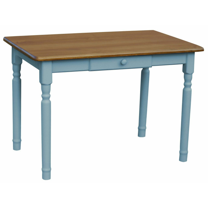 Tavolo da pranzo in pino con cassetto, gambe tornite blu, piano: colore rovere