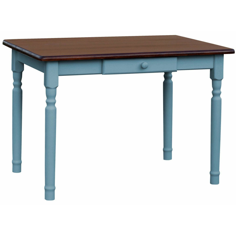 Grenenhouten eettafel met lade, blauwe gedraaide poten, blad: walnootkleur