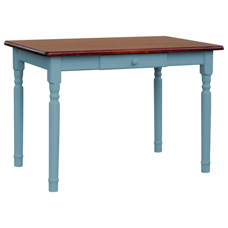 Tavolo da pranzo in pino con cassetto, gambe tornite blu, piano: colore calvados