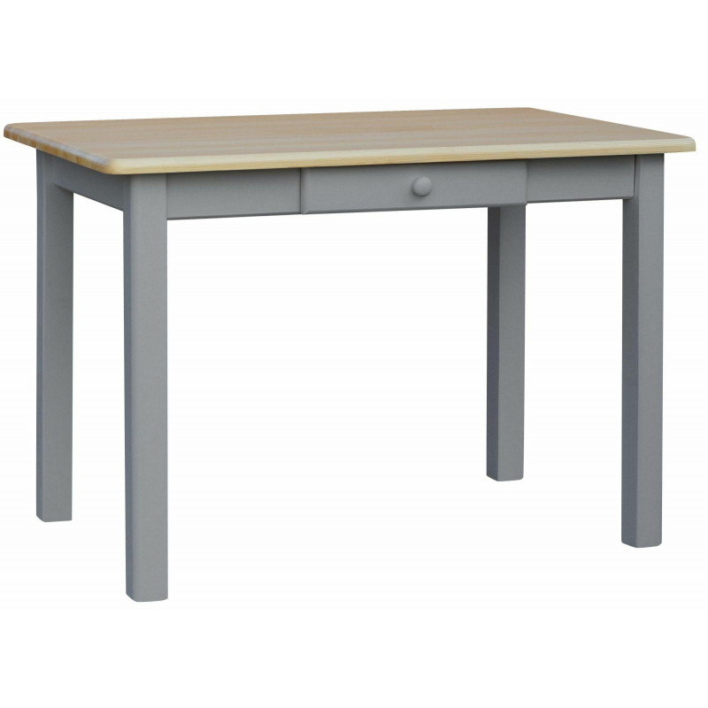 Grenenhouten eettafel met lade, grijze poten, blad: blanke lak