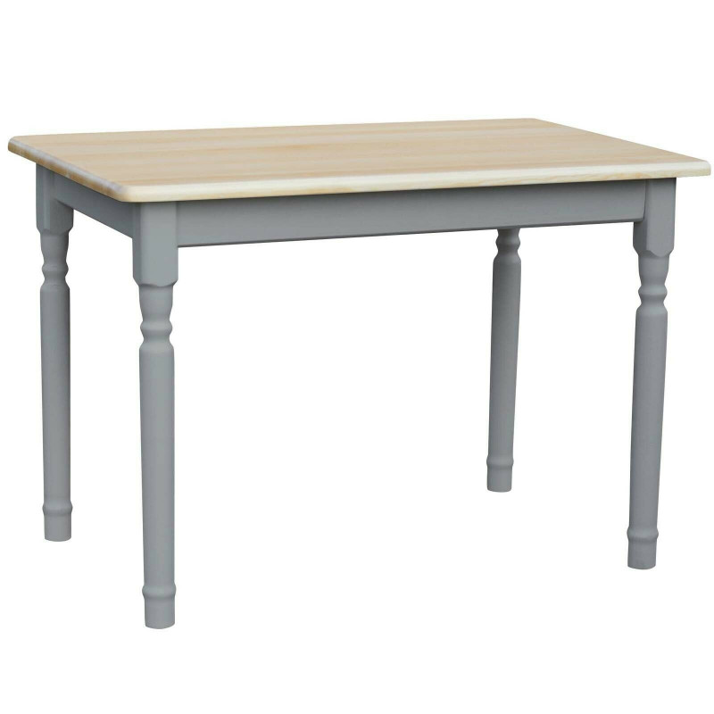 Tavolo da pranzo in pino, gambe tornite grigie, piano: vernice trasparente